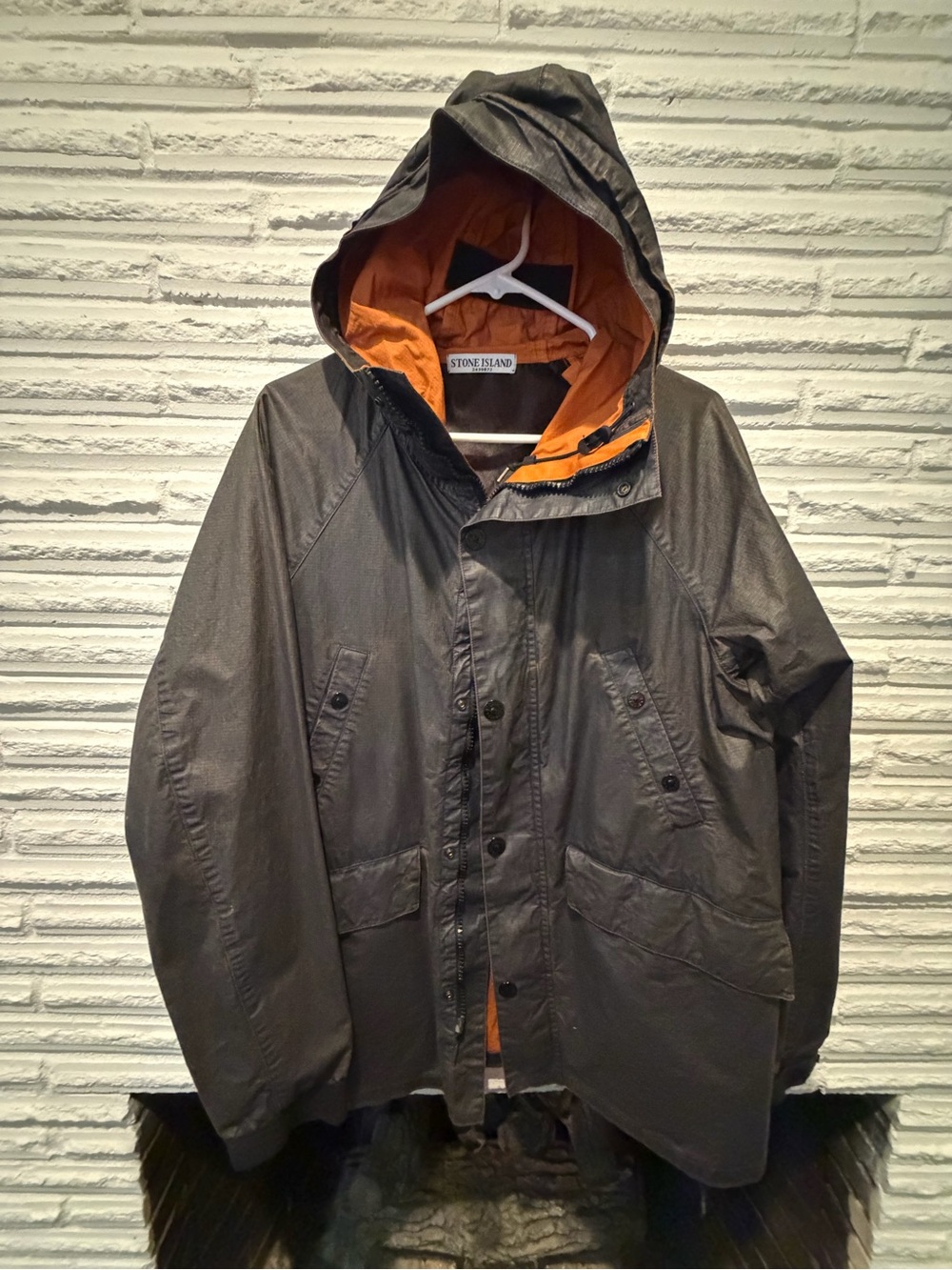 Stone Island Men's Hooded Field Jacket in Charcoal with Orange Lining